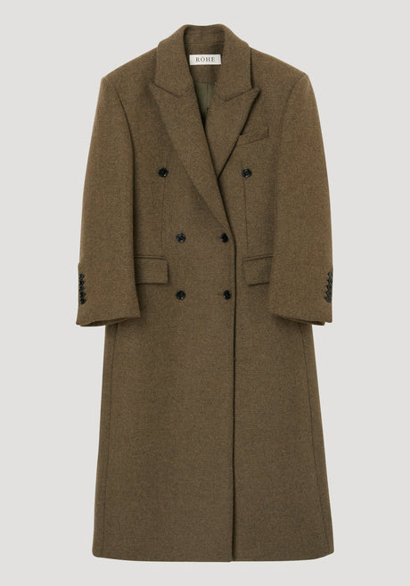 Hourglass wool coat in forest melange, featuring a double-breasted design with notched lapel, flap pockets, and six buttons, crafted from alpaca and wool blend.