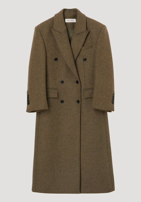 Hourglass wool coat in forest melange, featuring a double-breasted design with notched lapel, flap pockets, and six buttons, crafted from alpaca and wool blend.