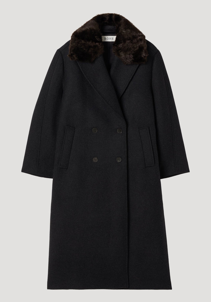 Double-breasted coat with faux fur collar in anthracite melange, featuring a plush collar, tailored silhouette, and flap pockets, crafted from a wool blend.