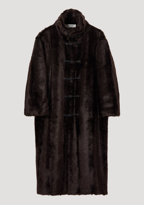 Mandarin faux fur coat in dark brown with a full-length design, stand-up collar, and five toggle-style closures, modeled in an oversized fit.