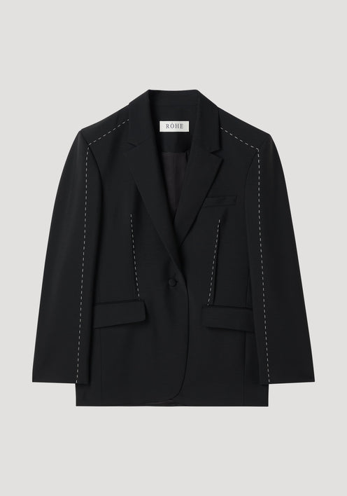 Contrast detail blazer | black, featuring a single-button design with fine white stitching, oversized fit, and lapel revealing a white underside. Made from premium wool-mohair blend.