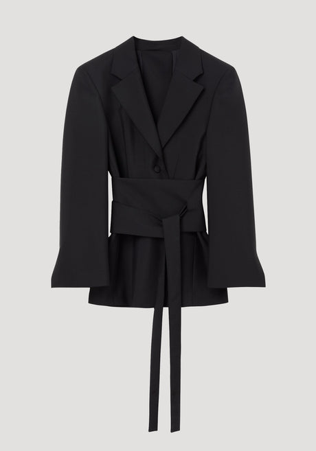 Kimono belted blazer in black, featuring a wrap-style design with notch lapels, wide sash tie, and tailored hourglass silhouette, crafted from wool-mohair blend.