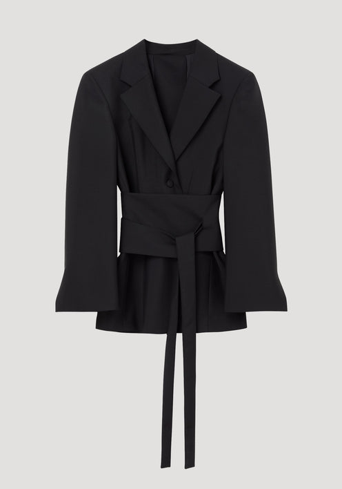 Kimono belted blazer in black, featuring a wrap-style design with notch lapels, wide sash tie, and tailored hourglass silhouette, crafted from wool-mohair blend.