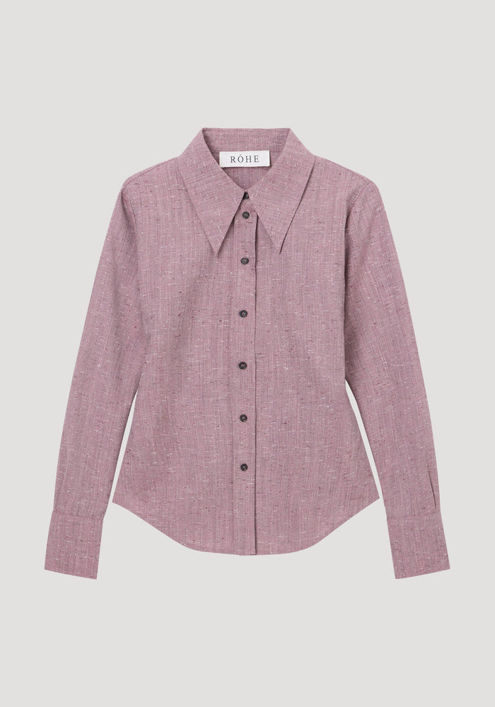 Fitted tweed shirt | mauve melange: Women's long-sleeve button-up with sharp collar, black buttons, high-low hem, crafted from a virgin wool blend for a refined silhouette.