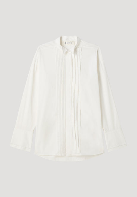 Tuxedo wired shaped shirt in optic white, featuring a hidden placket, vertical pintucks, stand collar, and statement cuffs, crafted from 100% cotton.