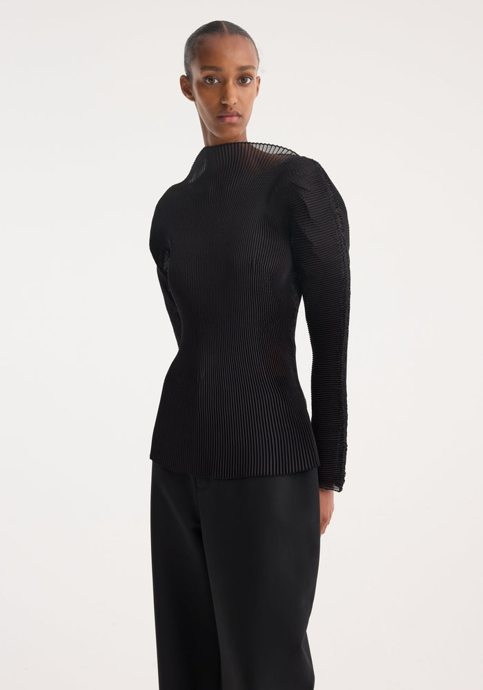 Model wearing Sculptural plissé top in black, featuring a high-neck, long voluminous sleeves, and finely pleated, semi-transparent fabric, paired with wide-leg trousers.