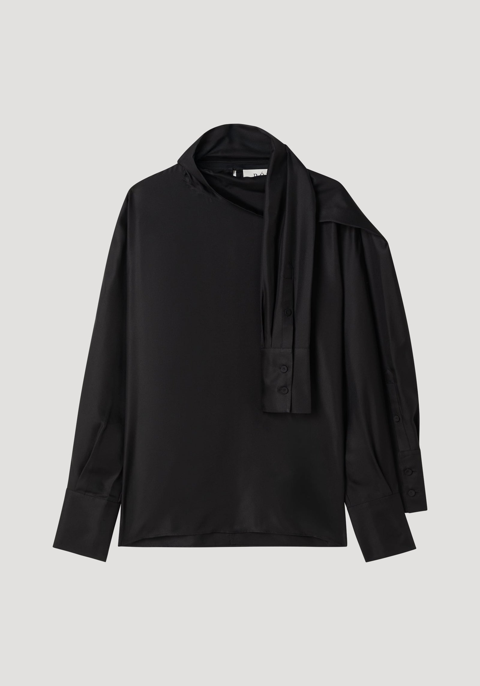 Foulard satin top in black with draped sleeves and scarf-like neckline, showcasing a fluid silhouette in soft satin, laid flat against a neutral background.