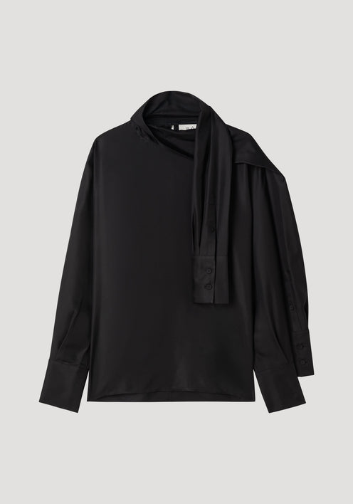 Foulard satin top in black with draped sleeves and scarf-like neckline, showcasing a fluid silhouette in soft satin, laid flat against a neutral background.