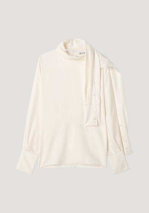 Foulard silk top | cream: Off-white blouse with draped scarf-like neck, button-cuff sleeves, and fluid silhouette. Made from pure silk, featuring RÓH label.