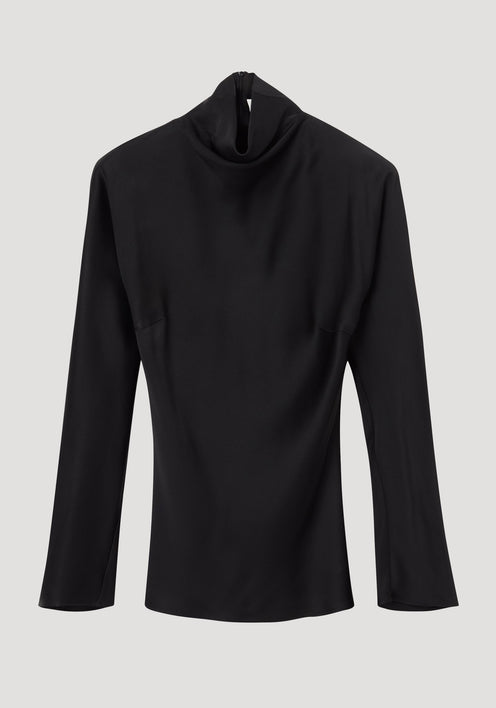 Satin waisted top | black: Fitted, long-sleeve top with mock neck, wide sleeves, and blind zip back. Smooth fabric emphasizes a minimalist, elegant silhouette.