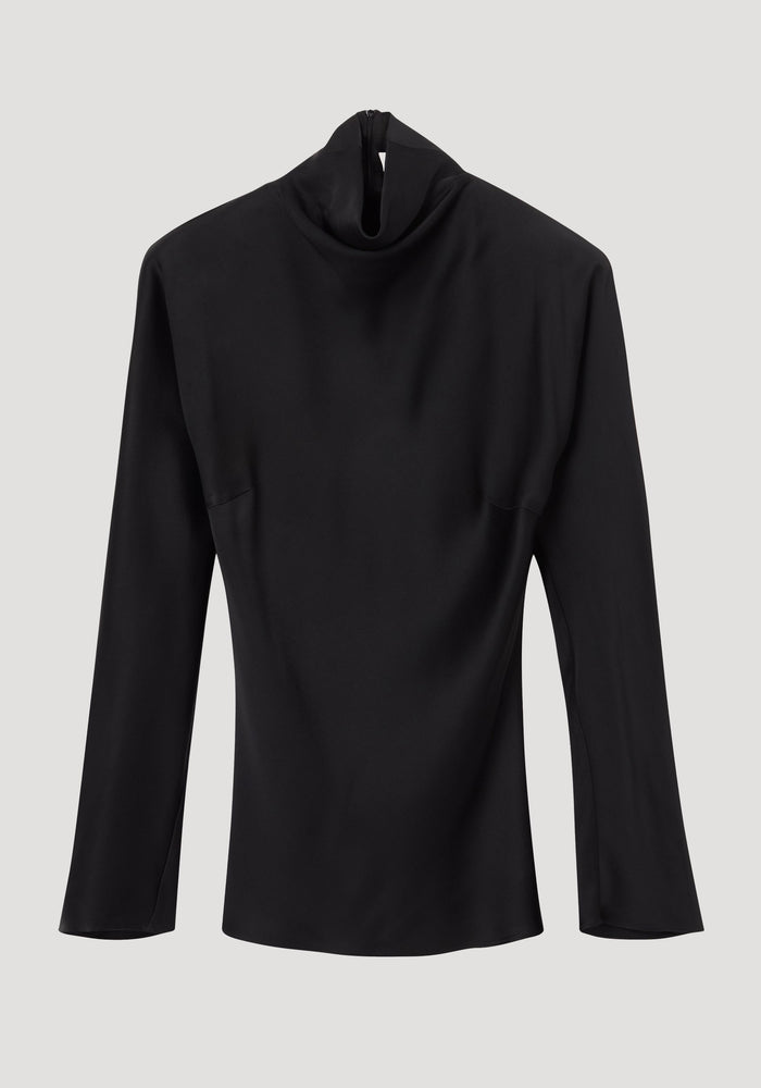 Satin waisted top | black: Fitted, long-sleeve top with mock neck, wide sleeves, and blind zip back. Smooth fabric emphasizes a minimalist, elegant silhouette.