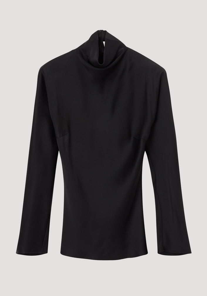Satin waisted top | black: Fitted, long-sleeve top with mock neck, wide sleeves, and blind zip back. Smooth fabric emphasizes a minimalist, elegant silhouette.