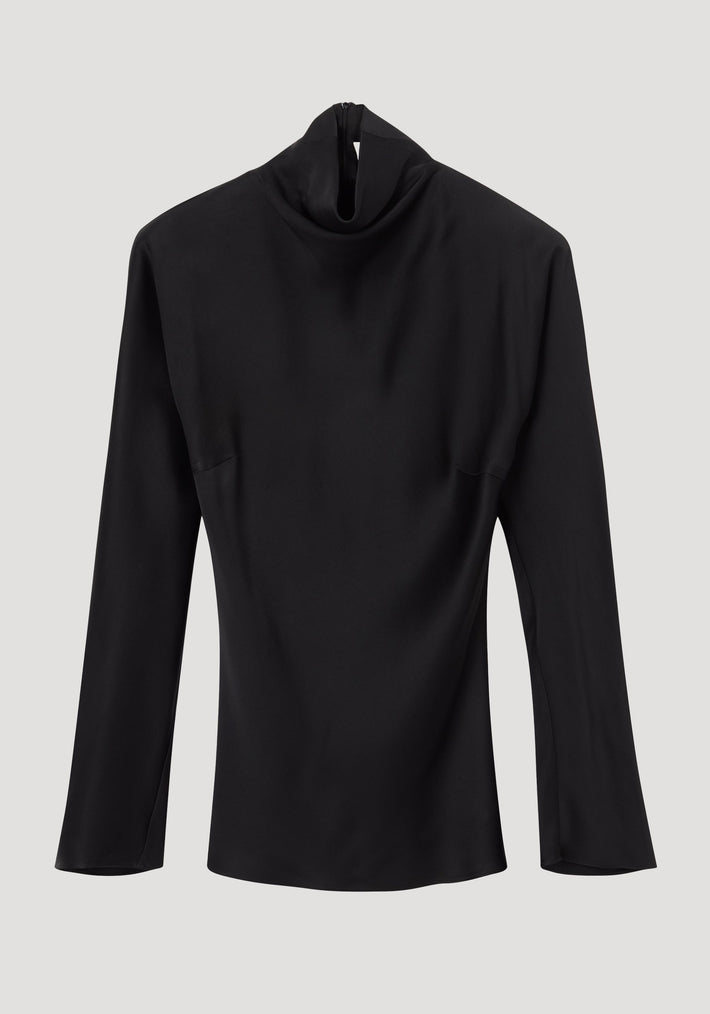 Satin waisted top | black: Fitted, long-sleeve top with mock neck, wide sleeves, and blind zip back. Smooth fabric emphasizes a minimalist, elegant silhouette.