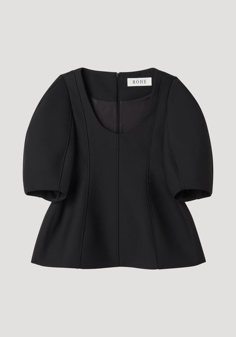 Sculptural top | black: Women's top with a deep scoop neckline, sculpted seams, short puffed sleeves, and a subtle peplum flare for a flattering silhouette.