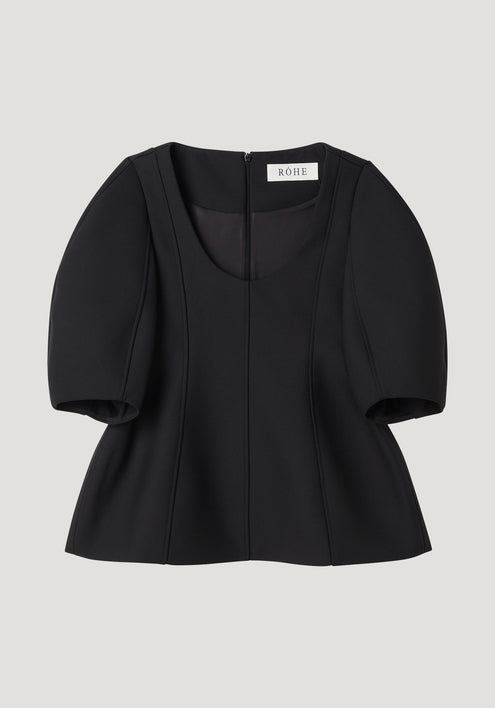 Sculptural top | black: Women's top with a deep scoop neckline, sculpted seams, short puffed sleeves, and a subtle peplum flare for a flattering silhouette.