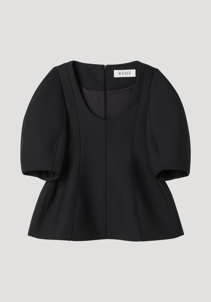 Sculptural top | black: Women's top with a deep scoop neckline, sculpted seams, short puffed sleeves, and a subtle peplum flare for a flattering silhouette.