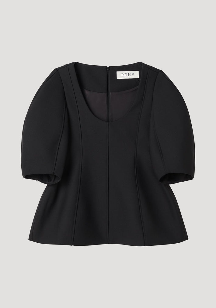 Sculptural top | black: Women's top with a deep scoop neckline, sculpted seams, short puffed sleeves, and a subtle peplum flare for a flattering silhouette.