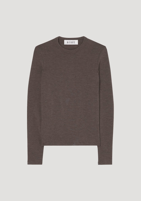 Fine merino long sleeve | brown melange: A slim-fit, long-sleeve crewneck top in charcoal-taupe knit, featuring RÓHE branding. Made from 100% merino wool, perfect for layering.