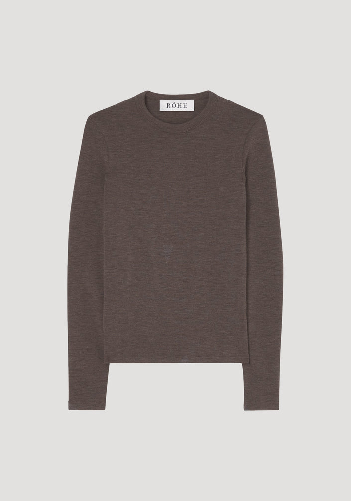 Fine merino long sleeve | brown melange: A slim-fit, long-sleeve crewneck top in charcoal-taupe knit, featuring RÓHE branding. Made from 100% merino wool, perfect for layering.