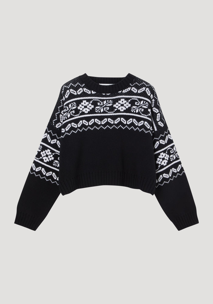 Fair-isle knitted jumper | black; cropped, long-sleeved pullover with Fair Isle pattern, crew neckline, ribbed cuffs, and hem. Boxy fit, 100% wool.