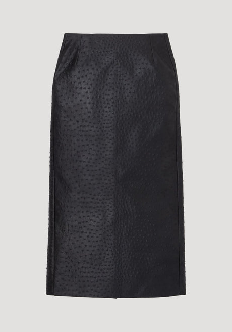 Ostrich satin column skirt | black, featuring a mid-calf length, straight tailored fit, and embossed ostrich-skin texture with waist dart seams for shaping.