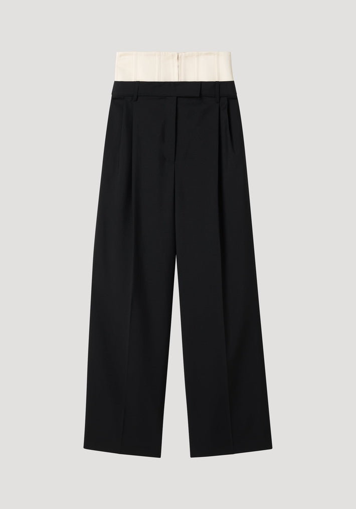 Corset trousers | black featuring high-waisted, wide-leg design with a structured white corset-style waistband and hook-eye closure, crafted from lightweight wool-mohair blend.