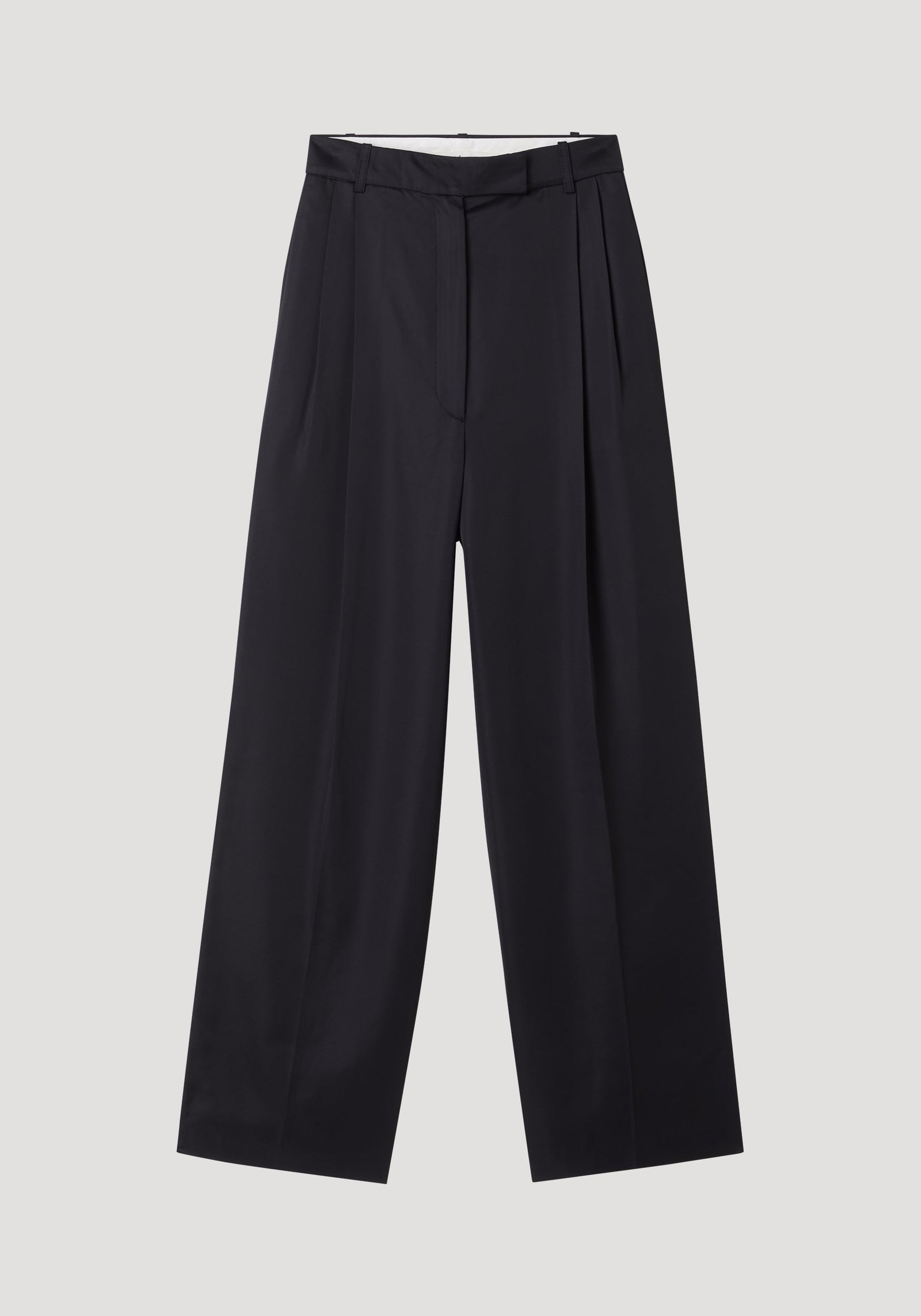 High-waist satin trousers with wide-leg design, featuring front and back pleats, tailored waistband, and welt back pockets for a polished, versatile look.