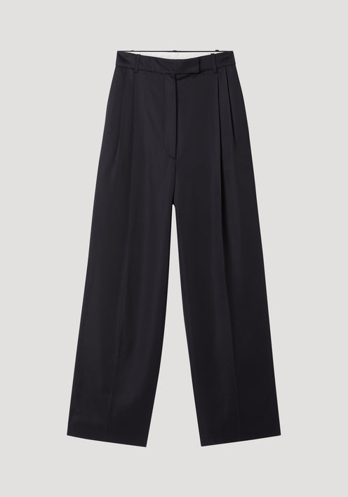 High-waist satin trousers with wide-leg design, featuring front and back pleats, tailored waistband, and welt back pockets for a polished, versatile look.