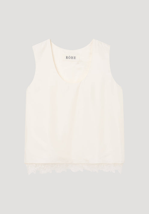 Lace-trimmed silk top | cream, featuring a scoop neckline, sleeveless design, and intricate lace hem detailing, crafted from luxurious pure silk for a comfortable fit.