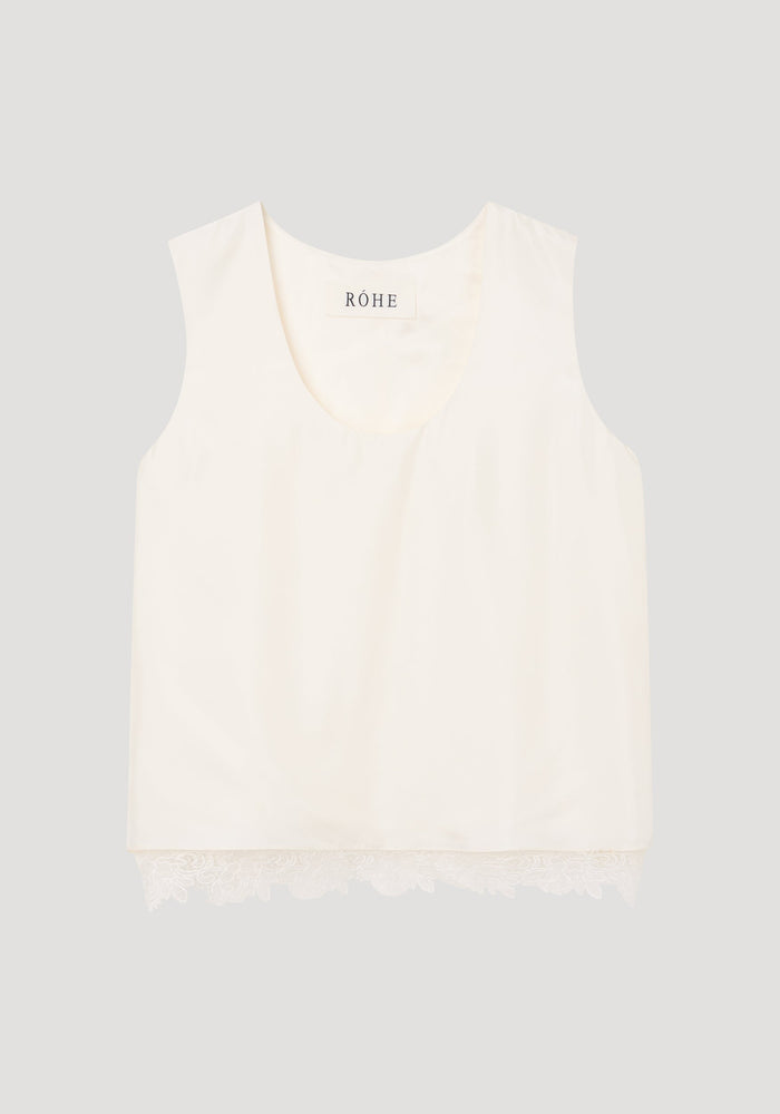 Lace-trimmed silk top | cream, featuring a scoop neckline, sleeveless design, and intricate lace hem detailing, crafted from luxurious pure silk for a comfortable fit.