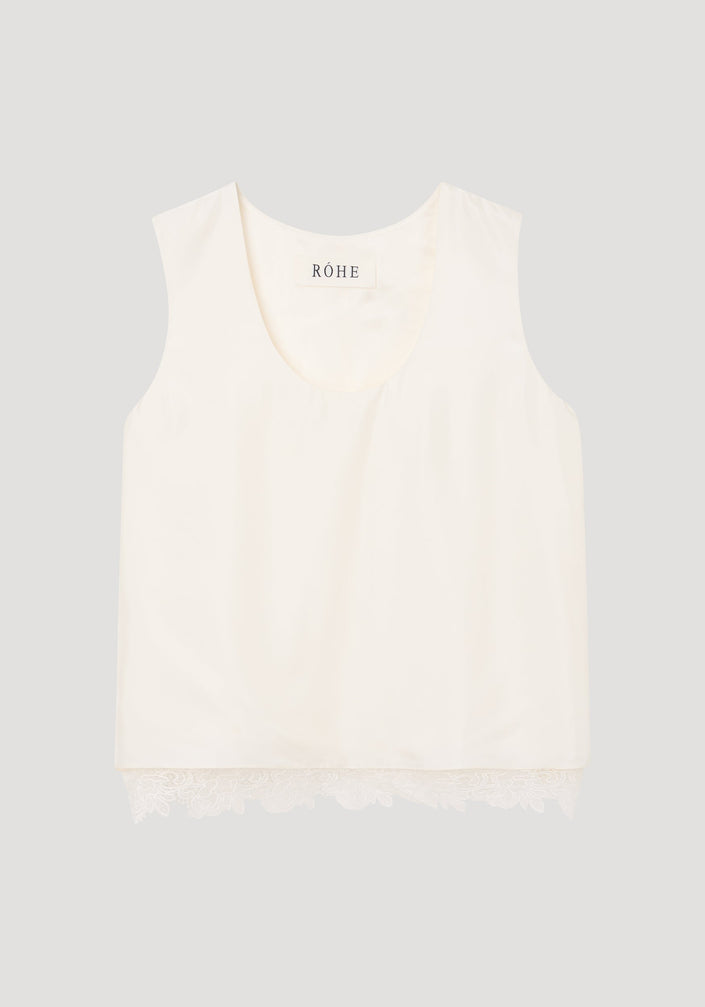 Lace-trimmed silk top | cream, featuring a scoop neckline, sleeveless design, and intricate lace hem detailing, crafted from luxurious pure silk for a comfortable fit.