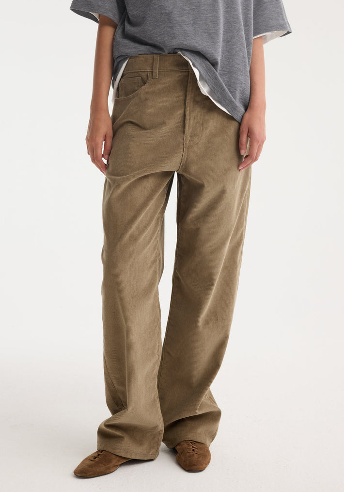 Relaxed corduroy trousers | dark sage shown in high-waisted, wide-leg fit with denim-style details, paired with pointed-toe brown suede flats and a grey T-shirt.
