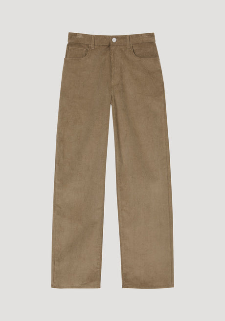 Relaxed corduroy trousers in dark sage, featuring a wide-leg cut, five-pocket style, and denim-inspired details, crafted from 100% cotton by Italian mill TFM.