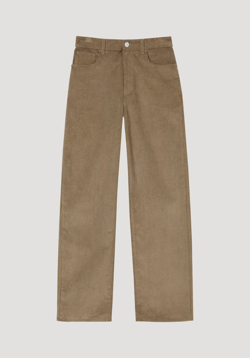 Relaxed corduroy trousers in dark sage, featuring a wide-leg cut, five-pocket style, and denim-inspired details, crafted from 100% cotton by Italian mill TFM.