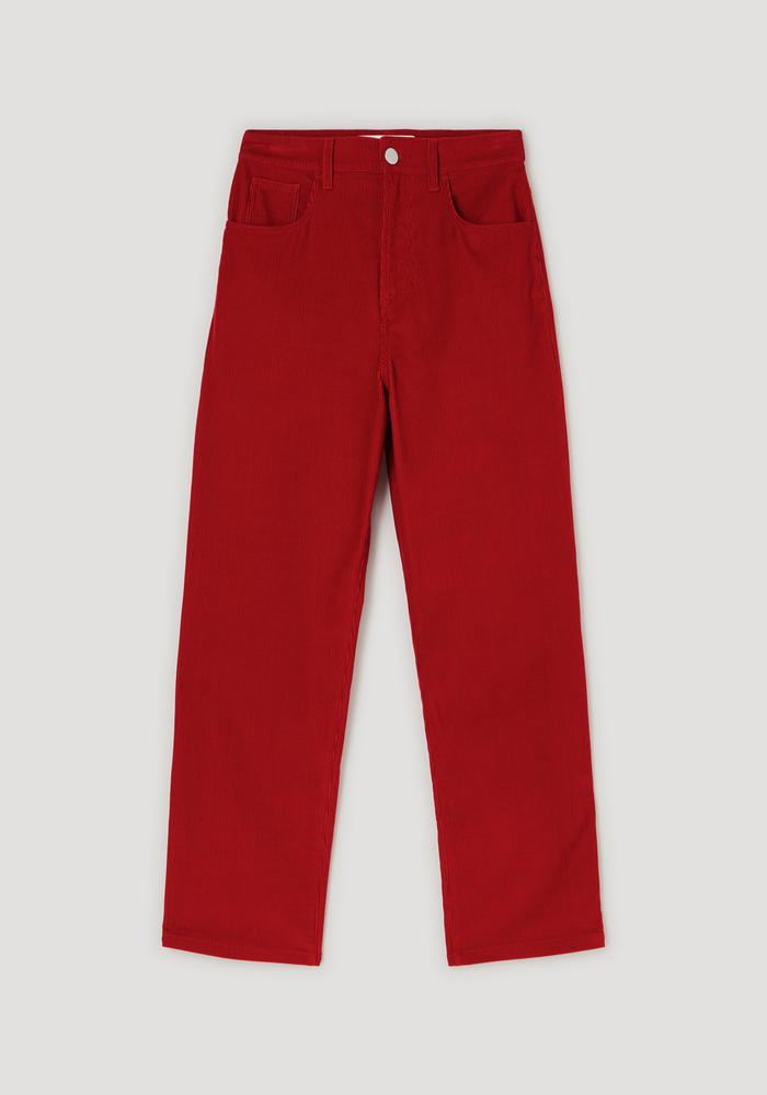 Relaxed corduroy trousers | rosso, mid-rise, straight-leg, red, denim-style pockets, button-zip fly, laid flat against light-gray background.