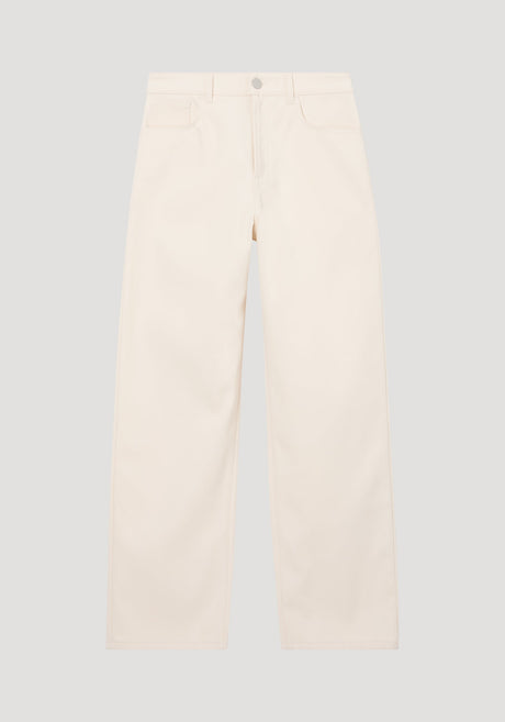 Compact cotton trousers in off-white, featuring a wide-leg, low-waist design. Includes button and zip closure, side pockets, and belt loops for a minimalist look.
