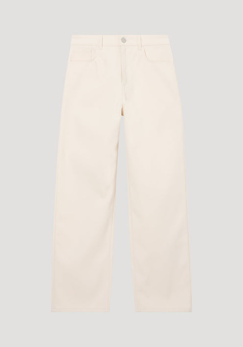 Compact cotton trousers in off-white, featuring a wide-leg, low-waist design. Includes button and zip closure, side pockets, and belt loops for a minimalist look.