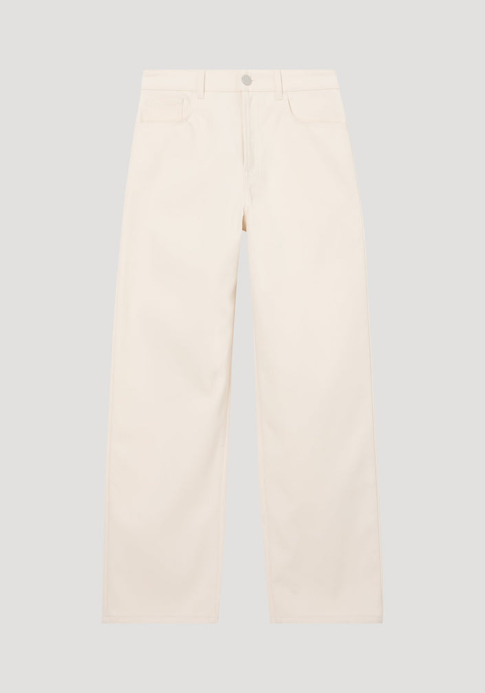 Compact cotton trousers in off-white, featuring a wide-leg, low-waist design. Includes button and zip closure, side pockets, and belt loops for a minimalist look.