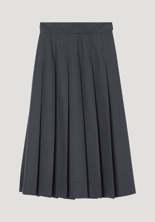 Pleated wrap skirt in dark grey melange, featuring a tailored waistband, fitted hip, and wide, voluminous pleats, laid flat against a light background.