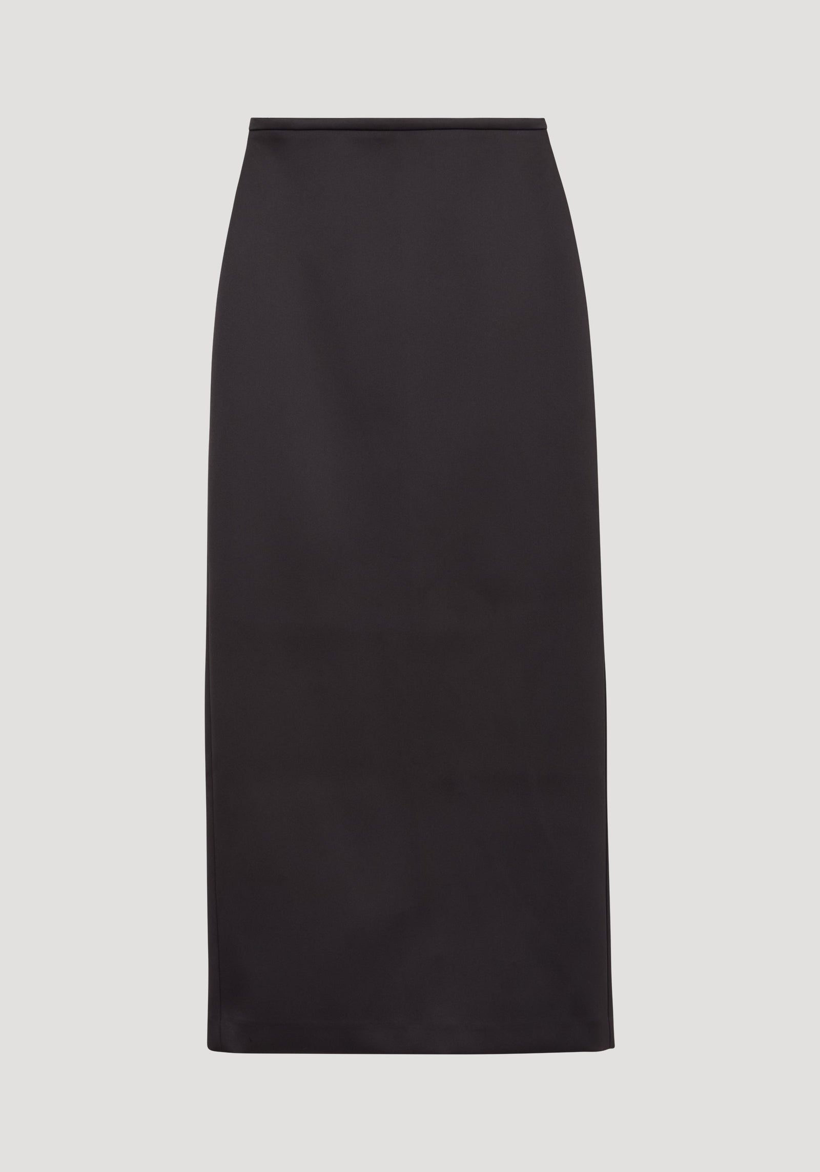 Column satin skirt | black: A high-waisted, midi-length pencil skirt with a sleek silhouette, crafted from heavyweight Italian viscose for a refined, structured look.