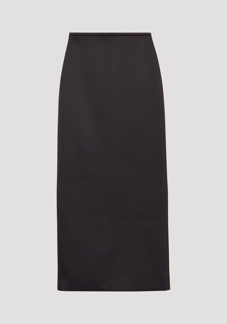Column satin skirt | black: A high-waisted, midi-length pencil skirt with a sleek silhouette, crafted from heavyweight Italian viscose for a refined, structured look.