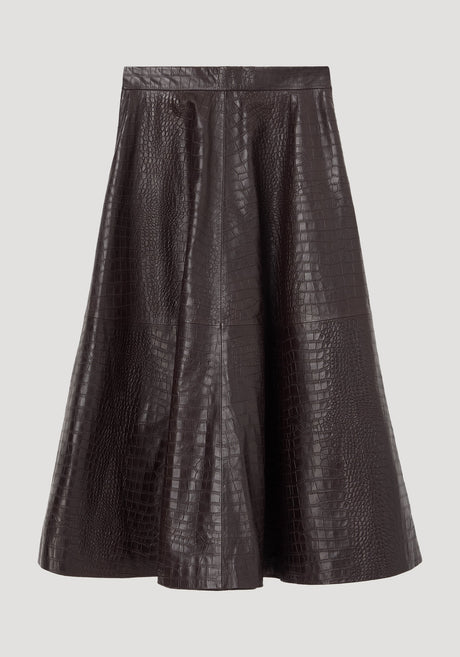A-line croco skirt | mahogany: Dark brown, crocodile-embossed faux-leather, A-line midi skirt with fitted waistband, paneled construction, offering voluminous hem. Luxurious and versatile.