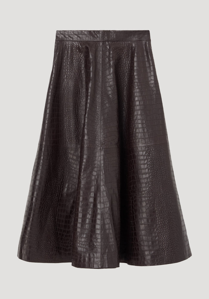 A-line croco skirt | mahogany: Dark brown, crocodile-embossed faux-leather, A-line midi skirt with fitted waistband, paneled construction, offering voluminous hem. Luxurious and versatile.