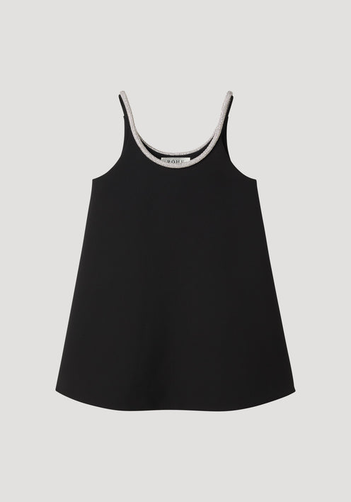 A-line appliqué dress | black with spaghetti straps, scooped crystal-trimmed neckline, loose silhouette, bonded wool blend, and visible ROHE label at the back.