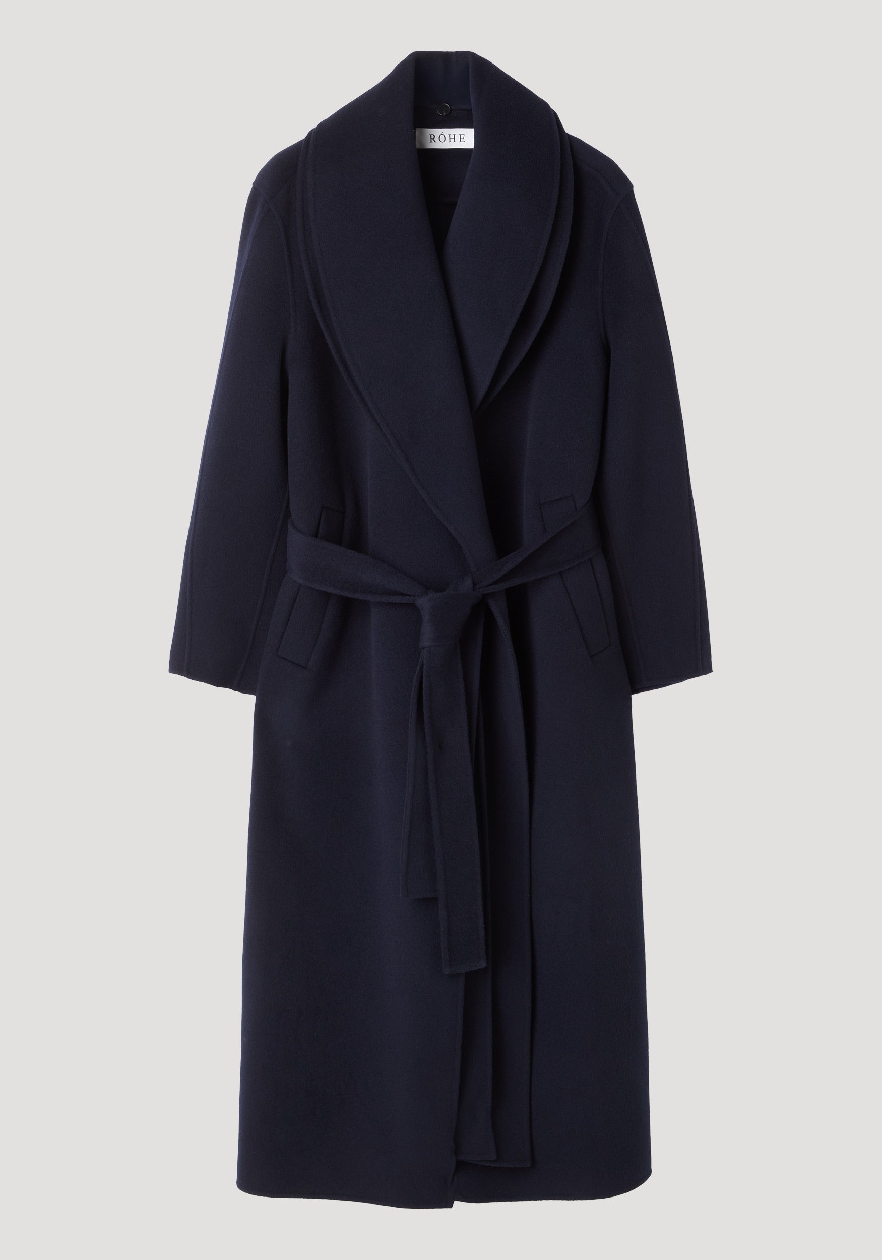 Navy coat with shawl collar and self-tie belt, designed for warmth and style in the Signature double-faced scarf coat | navy.