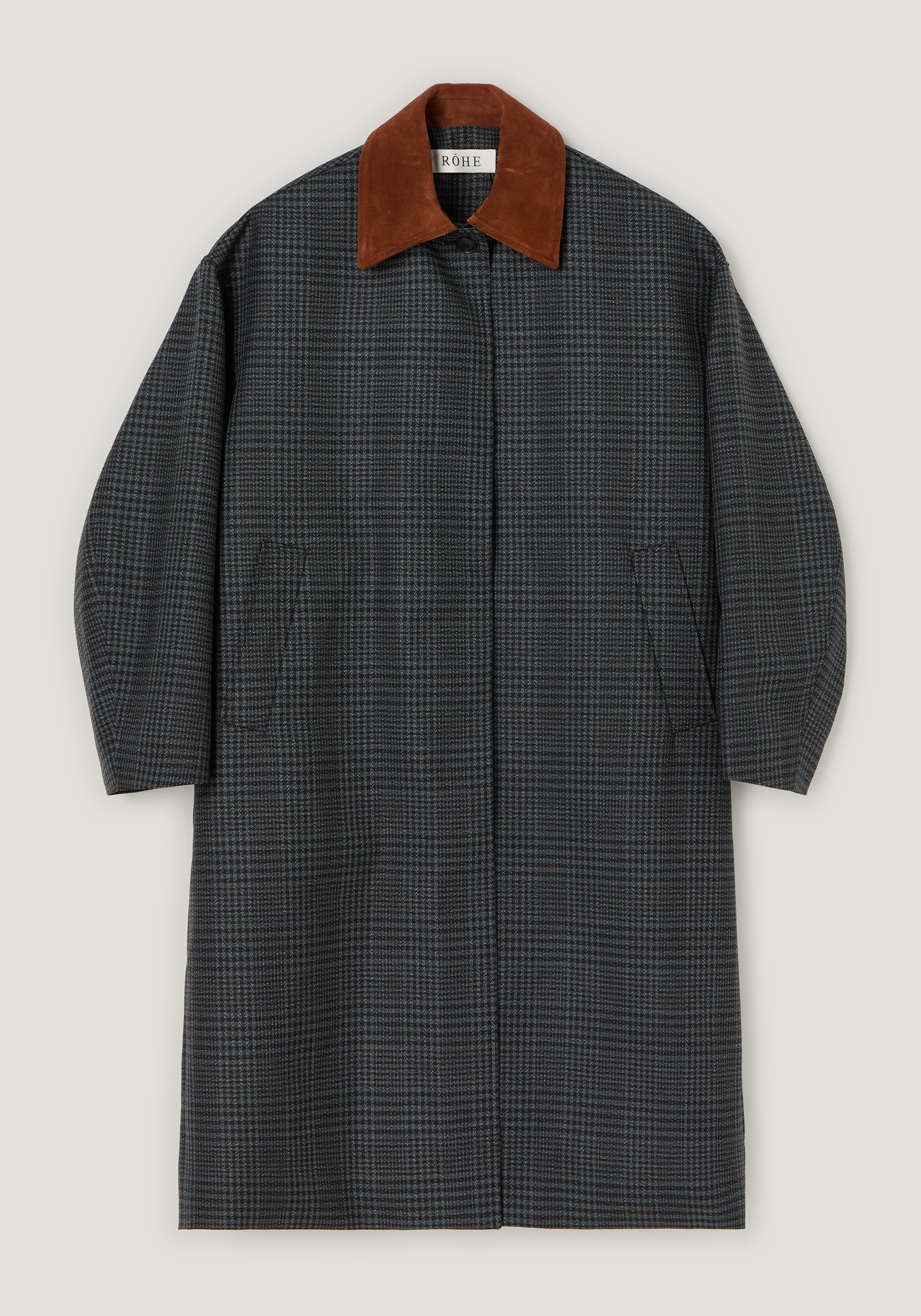 Suede collar check coat | black / grey check featuring a classic black and grey check pattern with a contrasting brown suede collar and a long, tailored silhouette.