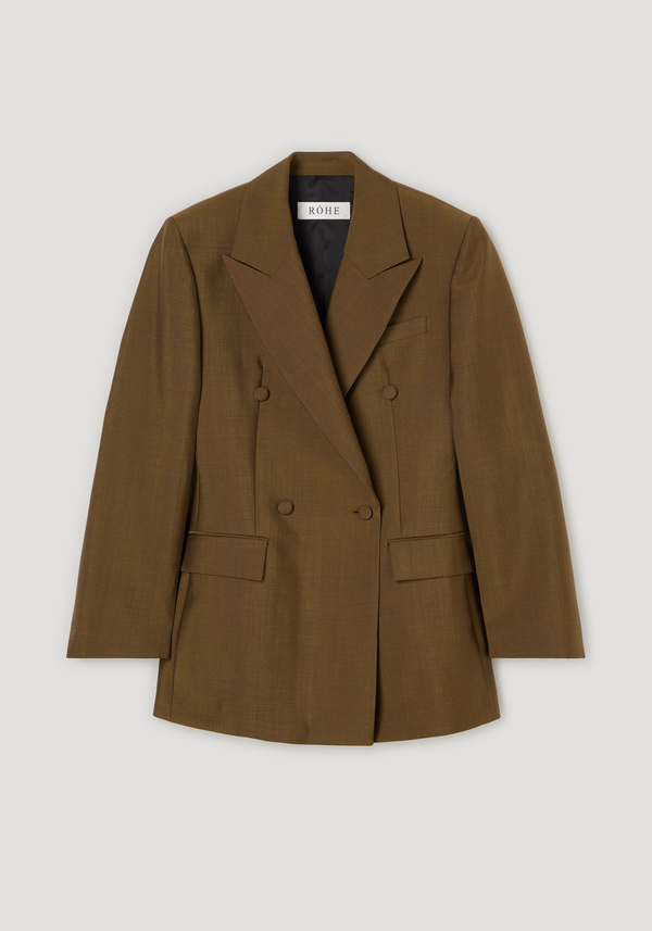Hourglass blazer in olive-brown with sharp notch lapels, double-breasted front, and flap pockets; crafted from wool-mohair for a structured, feminine silhouette.