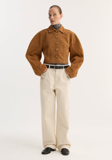 Rounded textured suede jacket | cognac