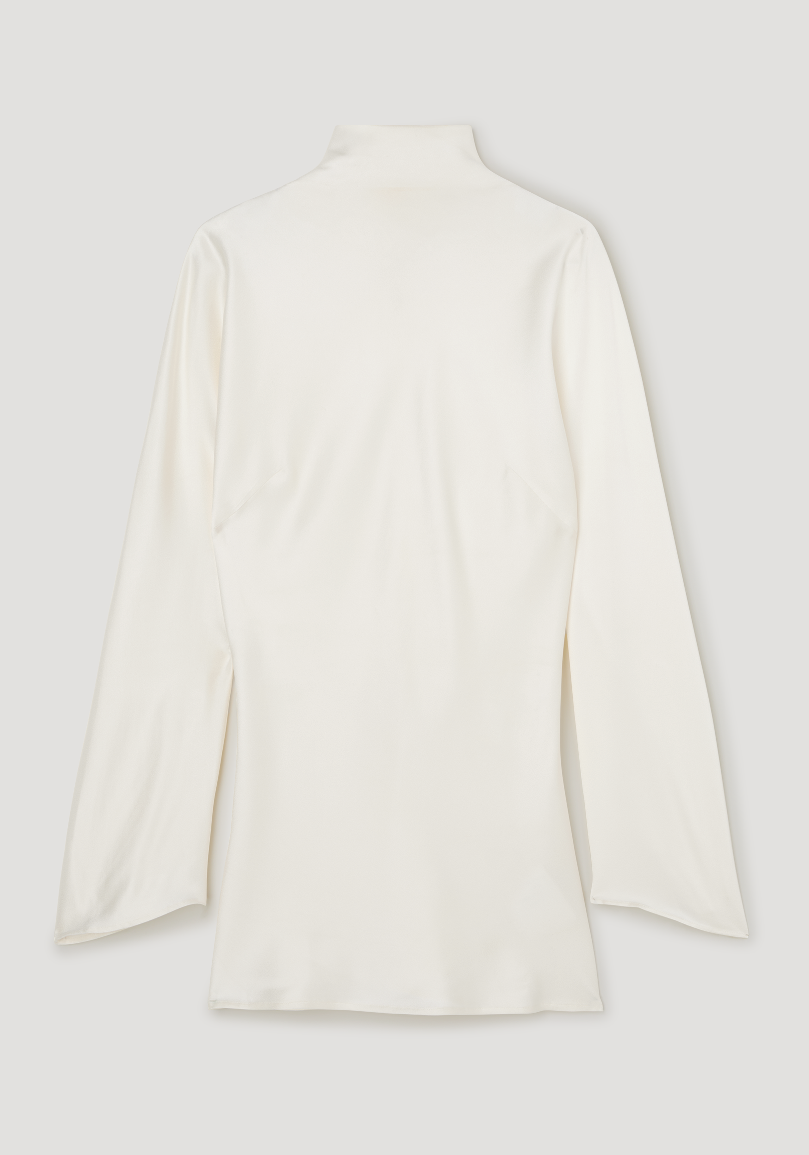 Back view of a cream satin waisted top with long sleeves and a high neckline, featuring a smooth and elegant finish in a minimalist style.