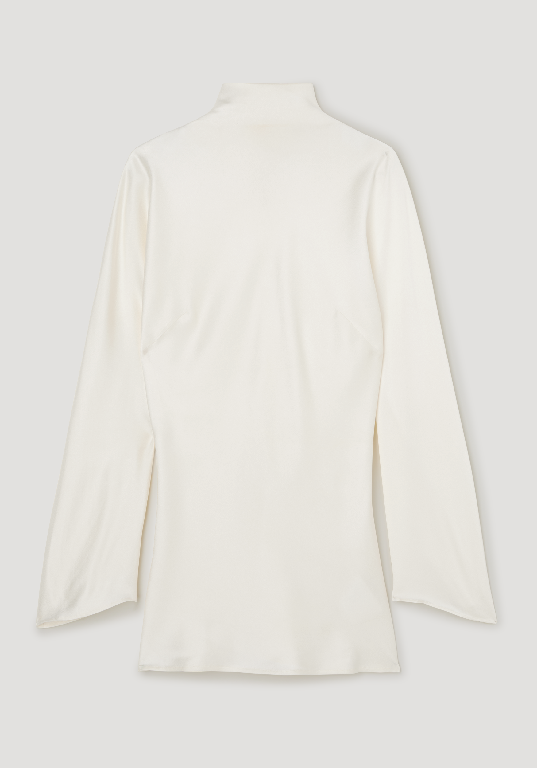 Back view of a cream satin waisted top with long sleeves and a high neckline, featuring a smooth and elegant finish in a minimalist style.